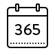 Eine einfache schwarze Strichzeichnung einer Kalenderseite mit der Zahl 365 in der Mitte, die die Anzahl der Tage in einem Jahr darstellt. Der Kalender hängt oben an zwei Ringen.