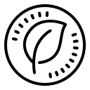 Ein einfaches schwarzes Umrisssymbol eines Blattes in einem Kreis mit kleinen Punkten am Rand.