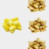 Links sind frische Ananasstücke und rechts drei Stapel gefriergetrockneter Ananas vertikal vor einem weißen Hintergrund angeordnet.