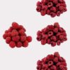 Vier kleine Stapel frischer Himbeeren sind auf einem hellen Hintergrund angeordnet. Jeder Stapel besteht aus einer Traube tiefroter Himbeeren, deren strukturierte Oberfläche an den lebhaften Farbton sowohl frischer als auch gefriergetrockneter Himbeersorten erinnert.