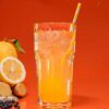 Ein großes Glas Orangen-Eistee mit gestreiftem Strohhalm steht vor einem orangefarbenen Hintergrund. Mit einem Spritzer GIN LOFER angereichert, sind frische Zitronenscheiben, Ingwer und Beeren kunstvoll um das Glas herum angeordnet und verstärken die lebendige Komposition.