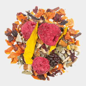 Eine lebendige Auswahl an Trockenfrüchten und Kräutern, darunter leuchtend rote HORST HIMBEER-Himbeeren, Orangenscheiben und gelbe Blütenblätter, alles in einer dynamischen, farbenfrohen Mischung vor einem weißen Hintergrund angeordnet.