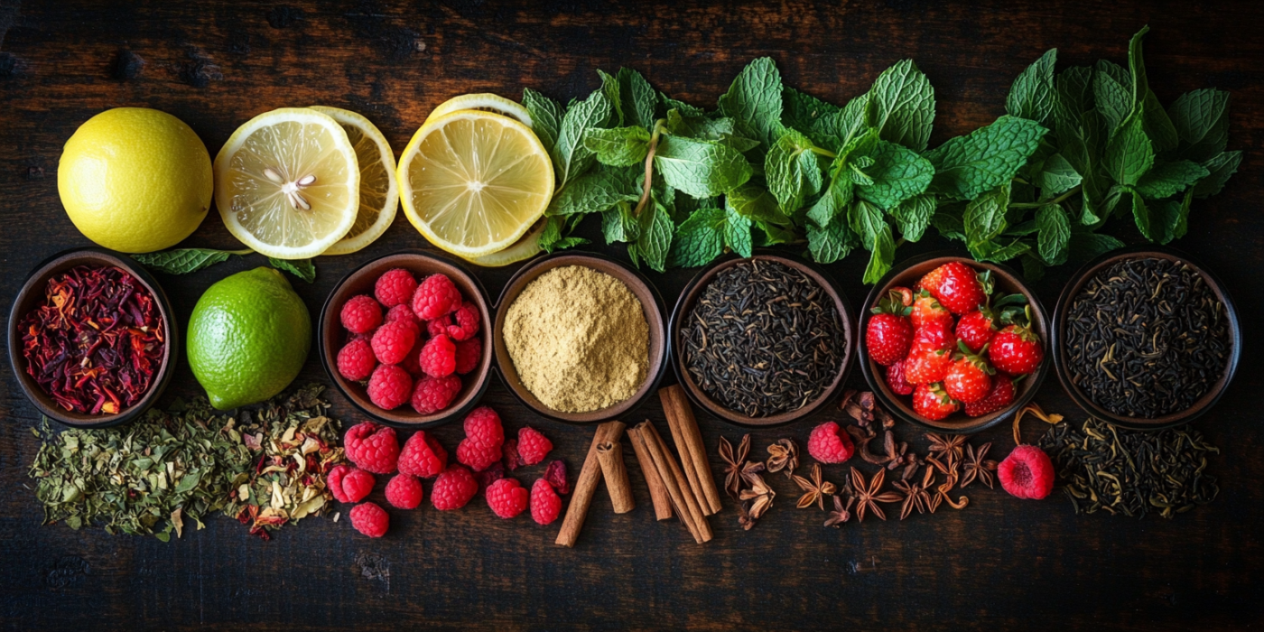 Ein lebendiges Arrangement der Zutaten auf einer dunklen Holzoberfläche zeigt die Vielfalt der Gaben der Natur, mit ganzen und geschnittenen Zitronen, Minzblättern, getrockneten LOFTEA-Kräutern, Limetten, Himbeeren, Erdbeeren, Gewürzen und kleinen Schalen mit Teeblättern und -pulver.
